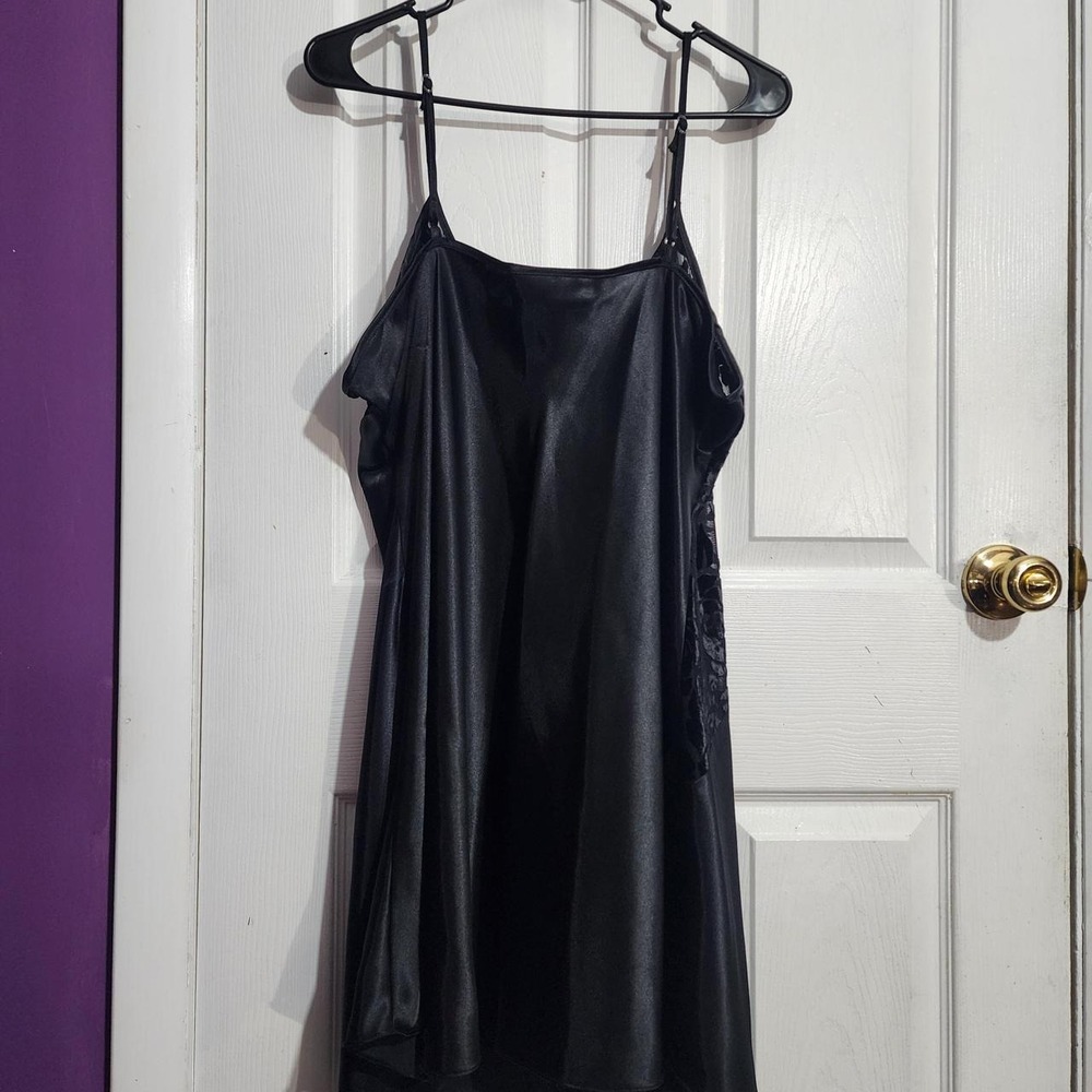 Vintage 90s Black Satin Floral Burnout Whimsigoth Slip Dress - Picture 2 of 5